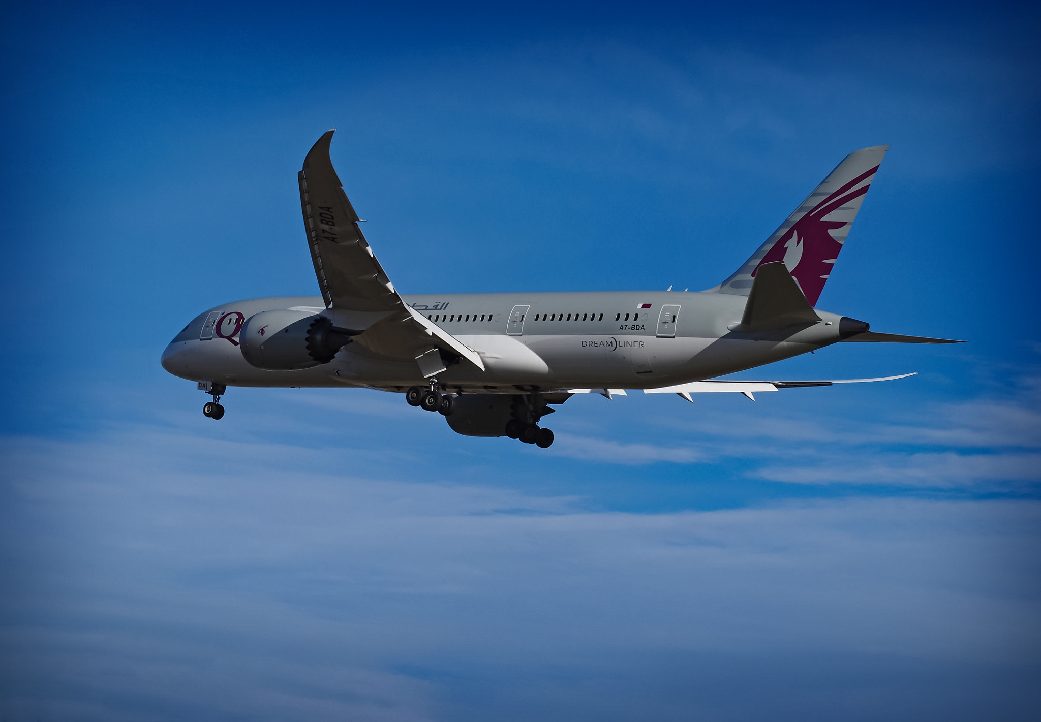 Olympus PEN-F + Panasonic Lumix G Vario 45-200mm F4-5.6 OIS sample photo. Qatar airlines 777 dreamliner photography