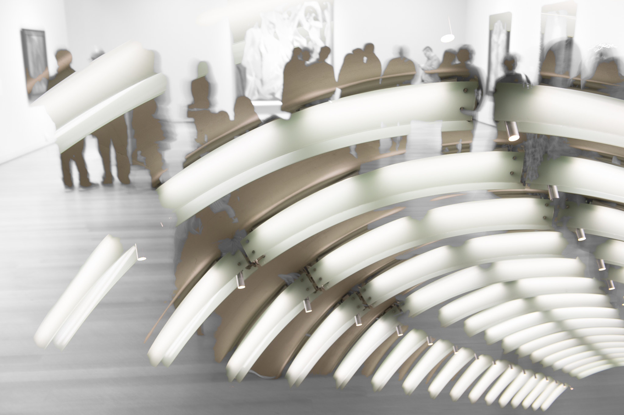 Nikon Df sample photo. Q train escalator lights and moma patrons photography