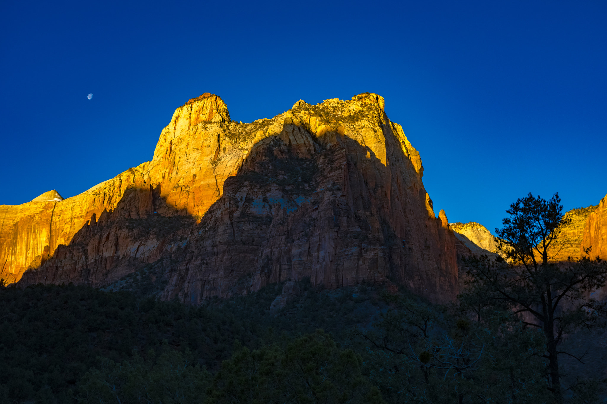 Fujifilm X-T2 + Fujifilm XF 27mm F2.8 sample photo. Moonset over mt maroni in zion national park in color with shadow detail. photography