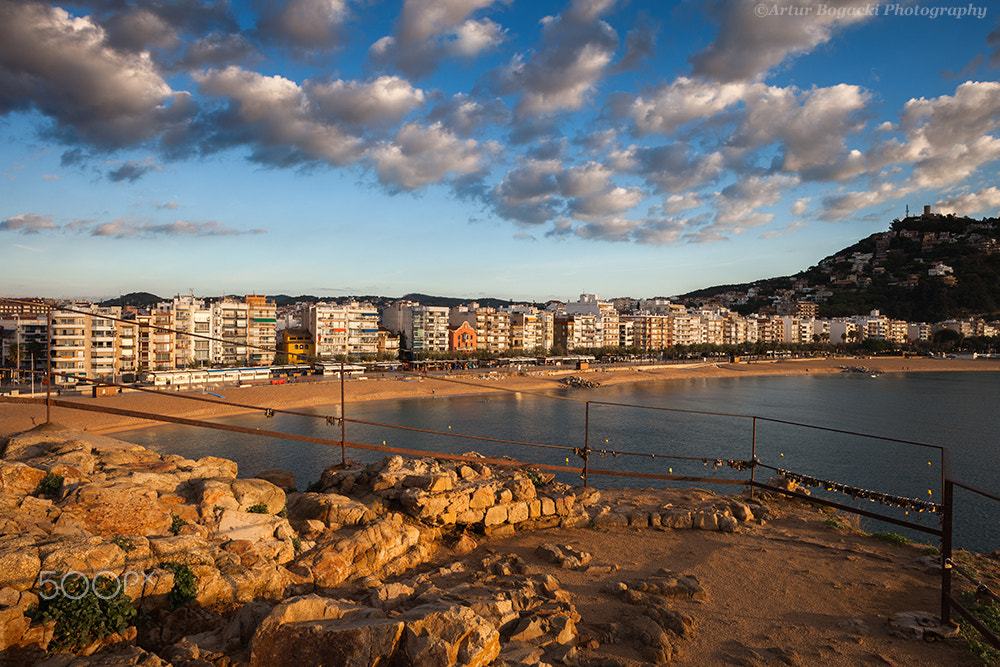 Canon EF 24mm F2.8 IS USM sample photo. Sunrise at sea town of blanes in spain photography