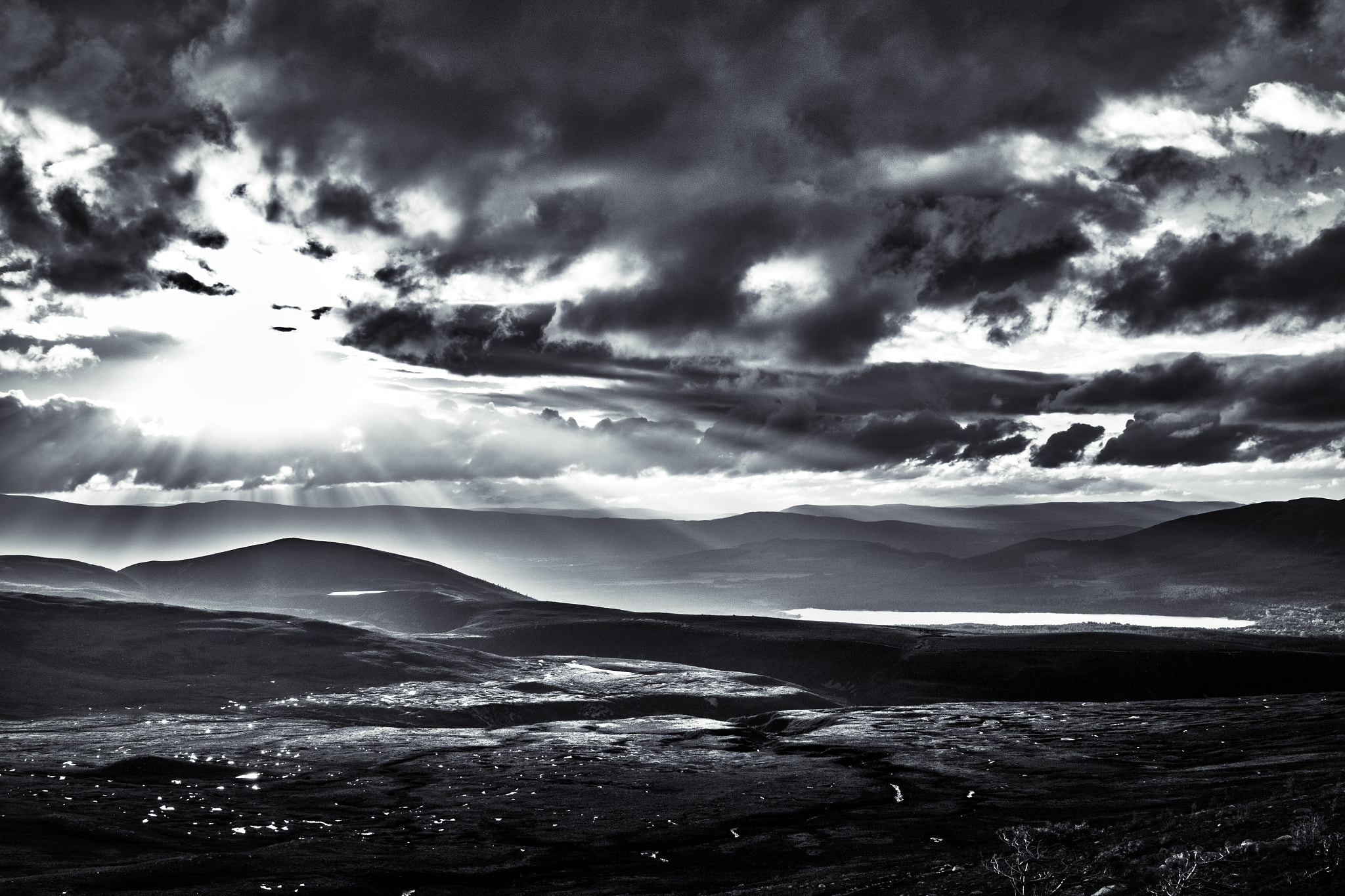 Sigma 24-70mm F2.8 EX DG Macro sample photo. Light on loch morlich in b&w photography