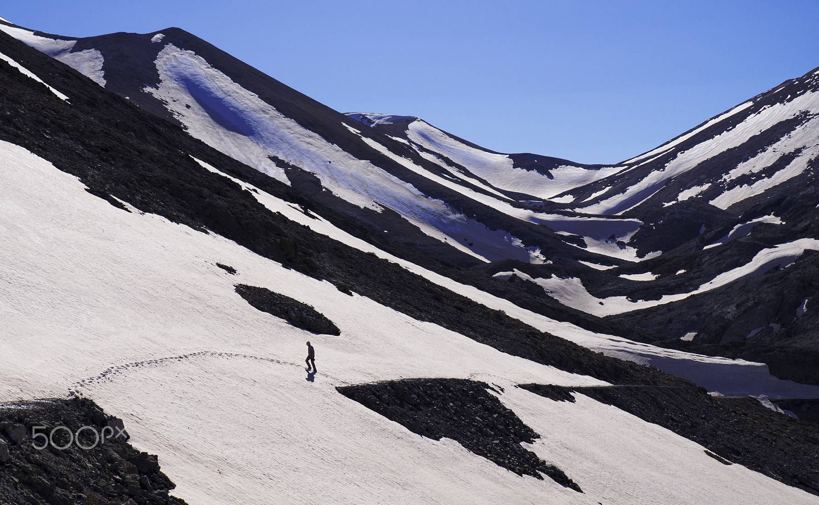 Panasonic Lumix G X Vario 12-35mm F2.8 ASPH Power OIS sample photo. Hiker crossing snowfield photography