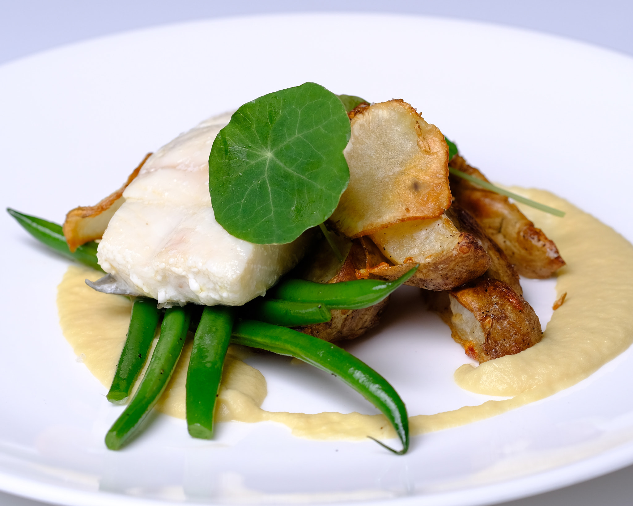Fujifilm X-Pro2 + Fujifilm XF 90mm F2 R LM WR sample photo. Olive oil poached halibut, leek puree, mustard cress photography