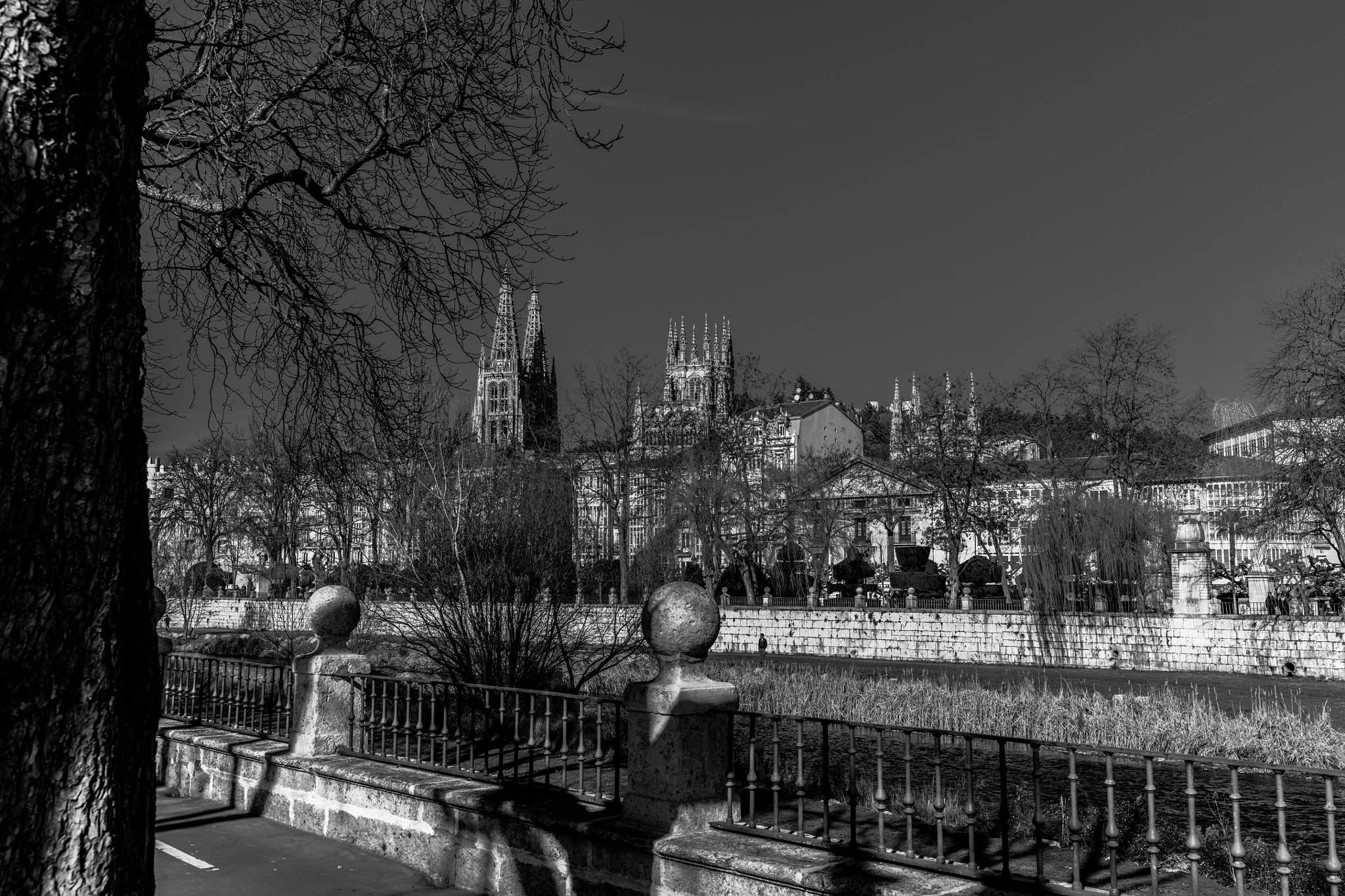 Canon EF 35mm F1.4L II USM sample photo. Catedral de burgos y rio b&w photography