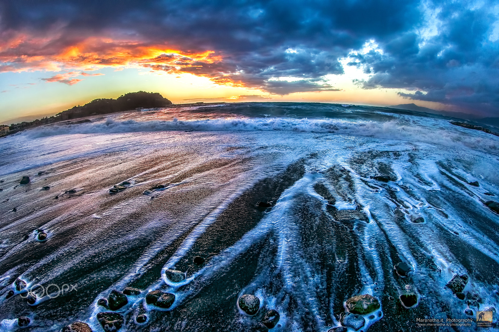 Canon EOS 5D Mark II + Canon EF 8-15mm F4L Fisheye USM sample photo. Rough sea at sunset photography