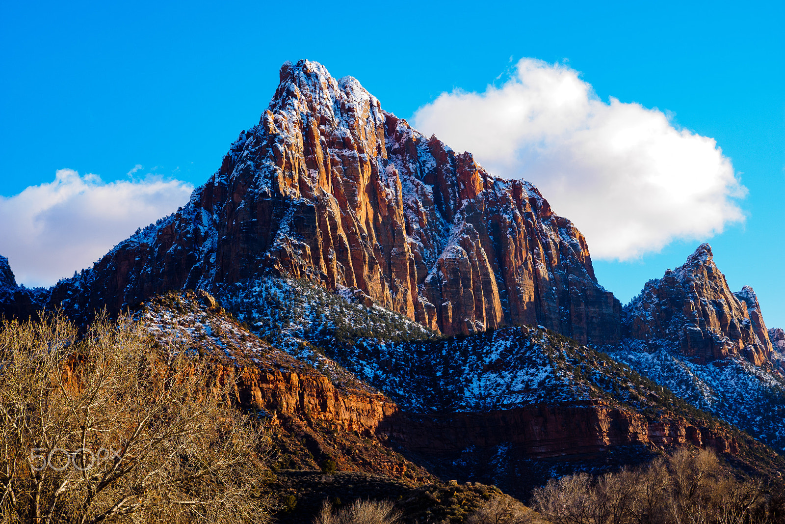 Olympus OM-D E-M1 + Panasonic Lumix G X Vario 12-35mm F2.8 ASPH Power OIS sample photo. Snow covered mountain / zion np, ut photography