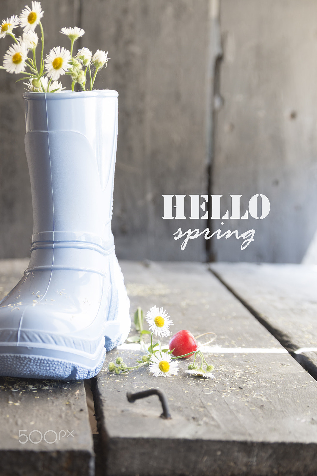 Sigma 18-200mm f/3.5-6.3 DC OS sample photo. Hello spring text, daisy and boots on a vintage table, photography