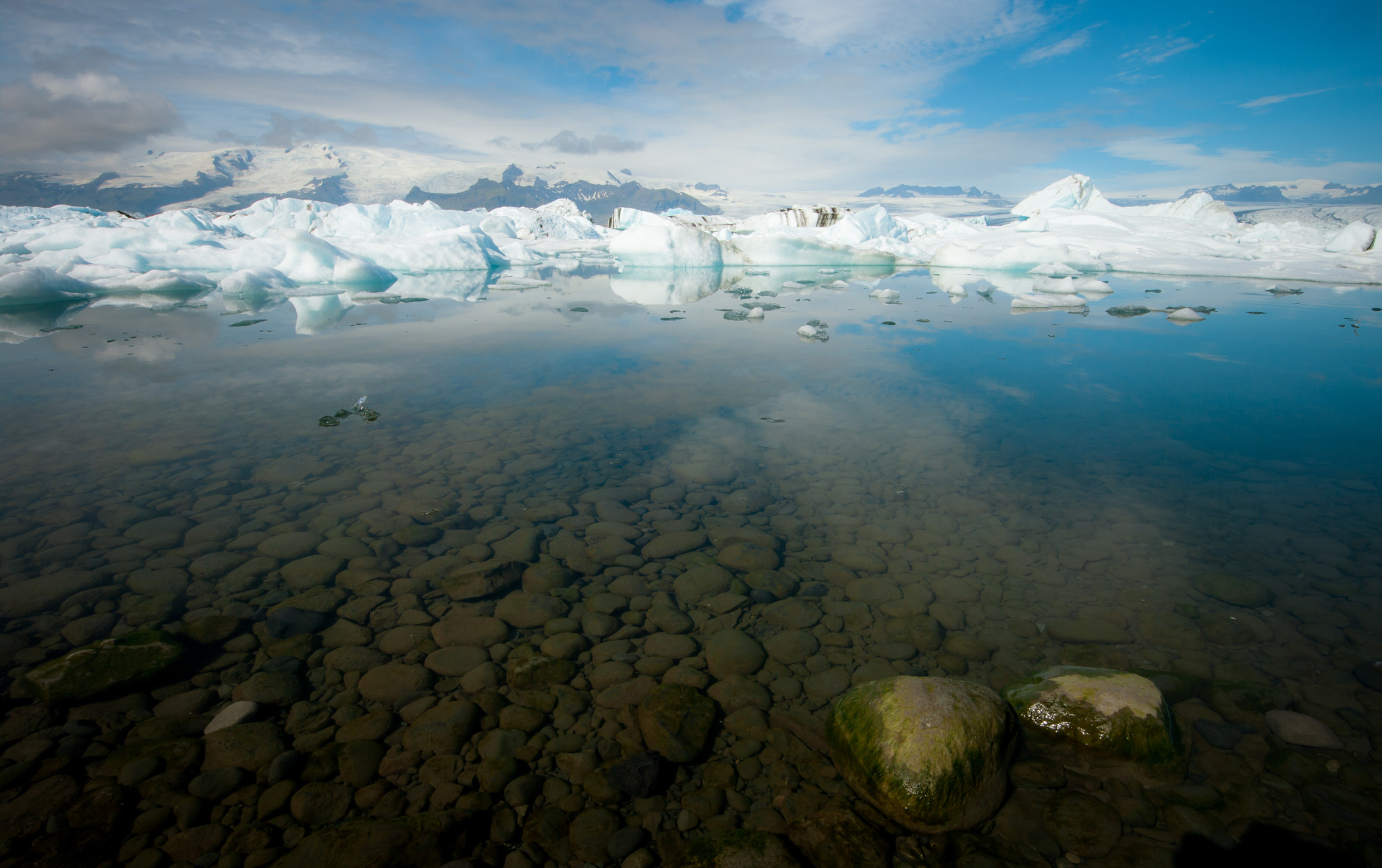 Pentax K20D + Sigma 8-16mm F4.5-5.6 DC HSM sample photo. Calm arctic pond with icebergs in distance photography