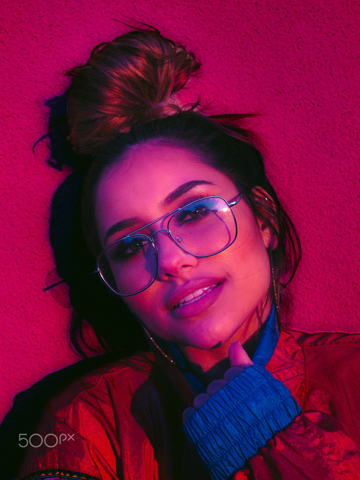Sigma 30mm F1.4 EX DC HSM sample photo. Pink and blue light portrait of young woman photography