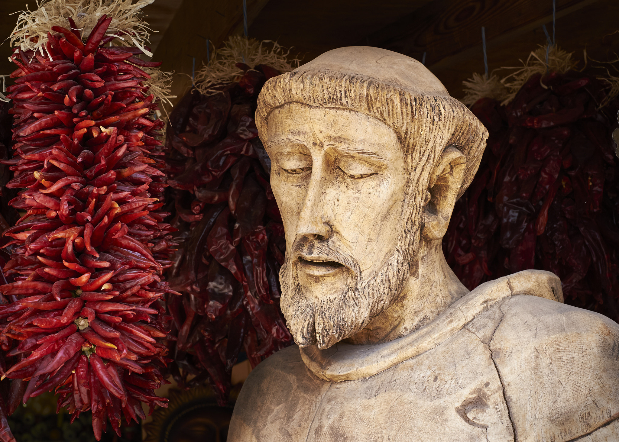 Fujifilm X-E1 + Fujifilm XF 35mm F1.4 R sample photo. Friar statue and peppers photography