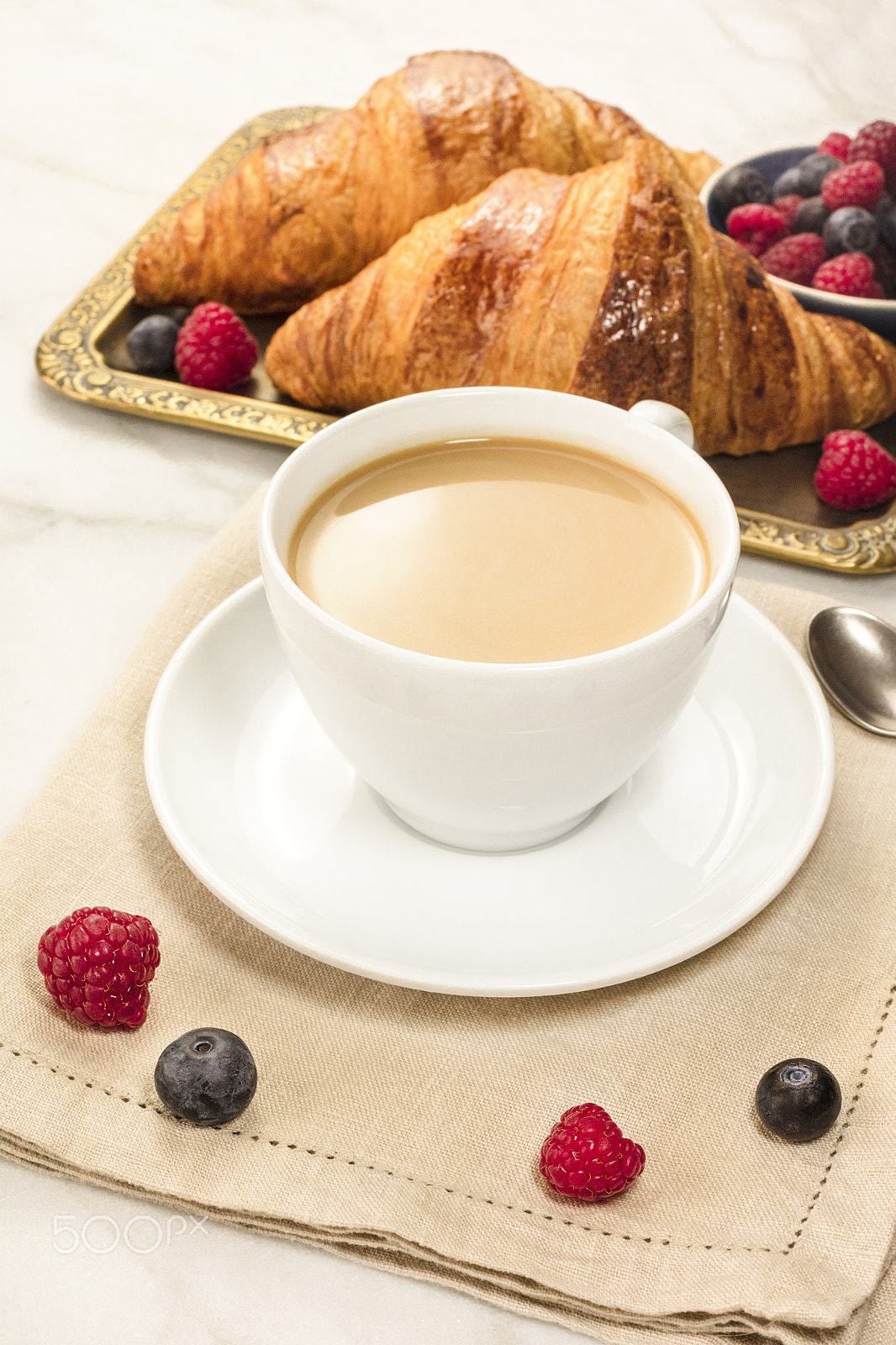 Canon EOS 5DS R + Canon EF 50mm F1.4 USM sample photo. Cup of coffee with fresh raspberries, blueberries, and croissant photography