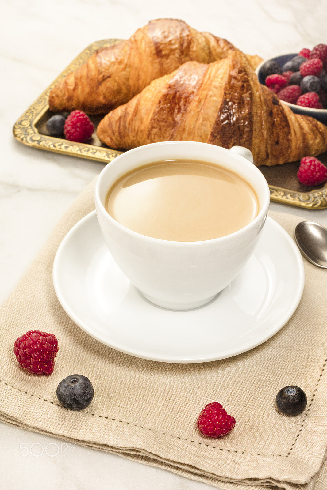 Canon EOS 5DS R sample photo. Cup of coffee with fresh raspberries, blueberries, and croissant photography