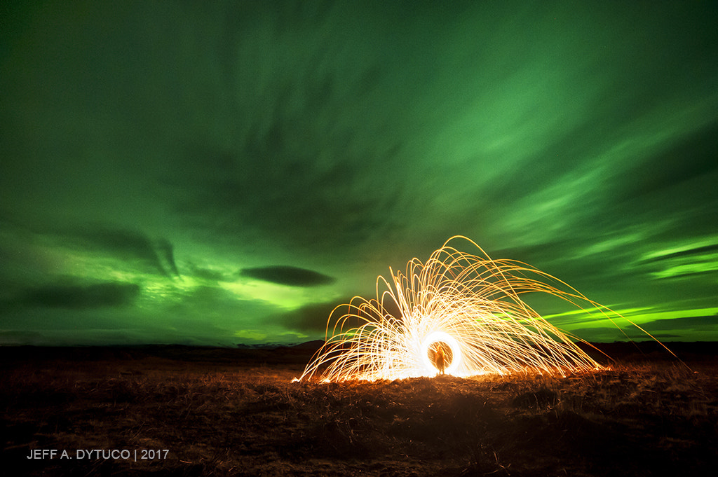 Samyang 14mm F2.8 ED AS IF UMC sample photo. Light painting amidst northern lights photography