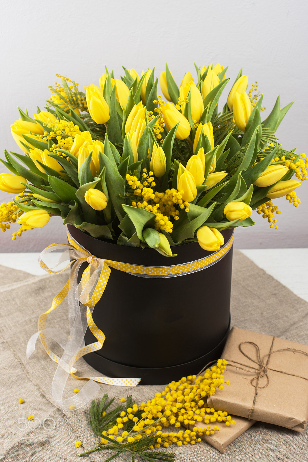Nikon D810 + Nikon AF Nikkor 50mm F1.4D sample photo. Bright spring bouquet of tulips and mimosa flowers photography
