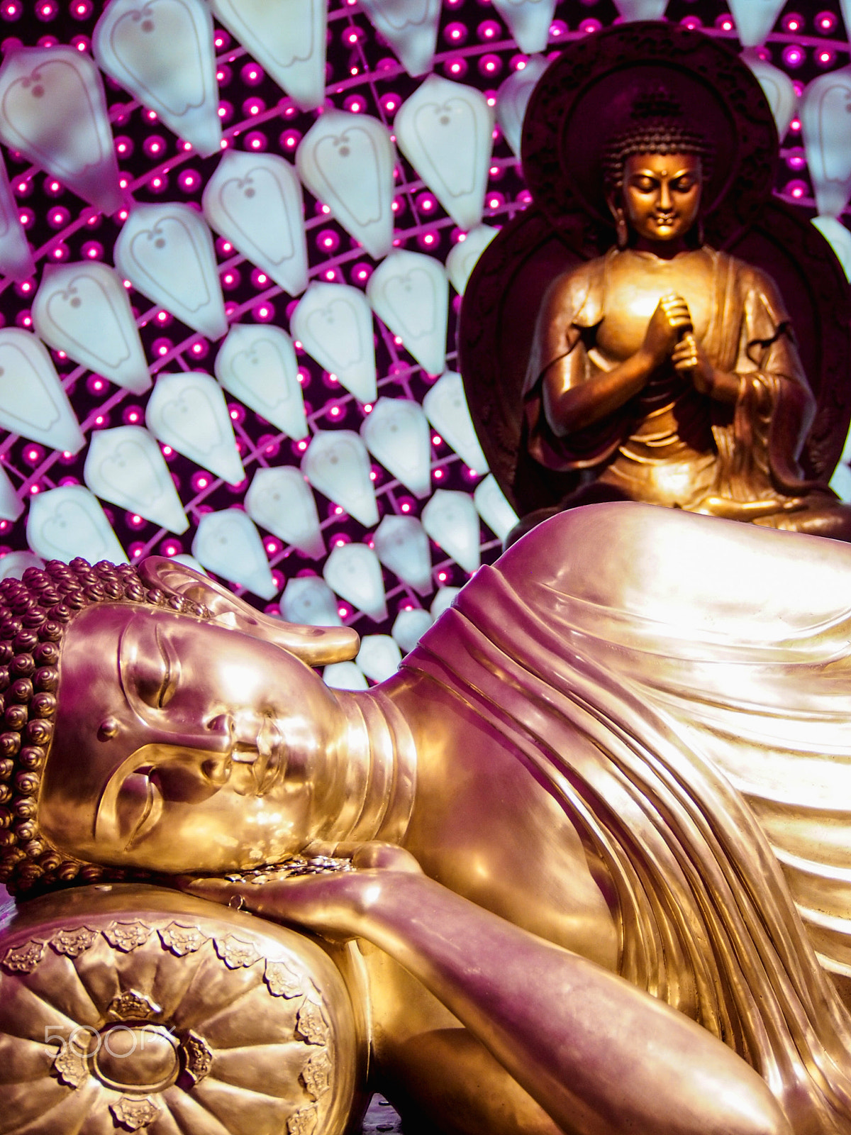 Olympus OM-D E-M5 sample photo. Gold reclining buddha with neon purple lights photography