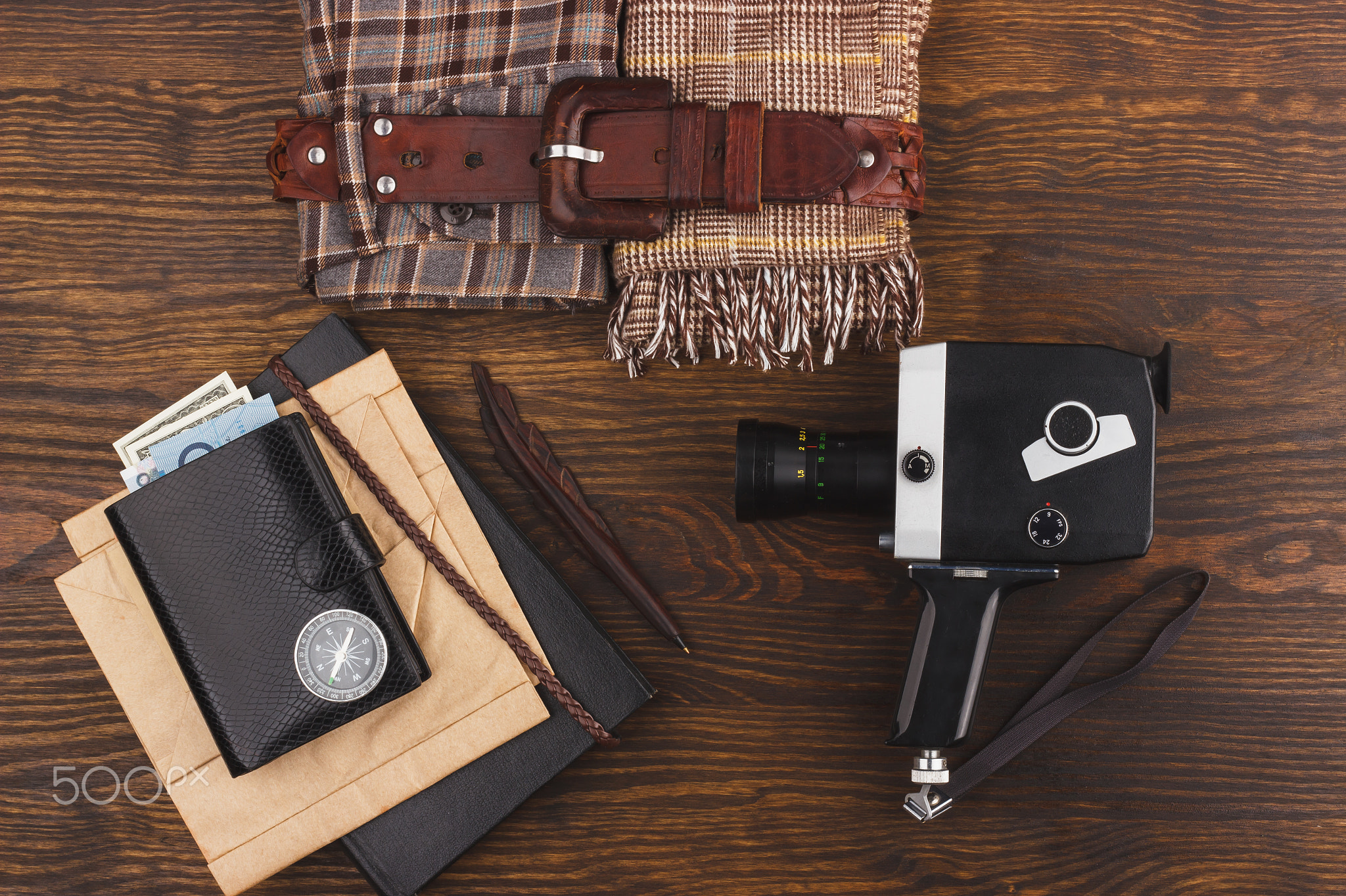 Collection from different home things on the wooden background