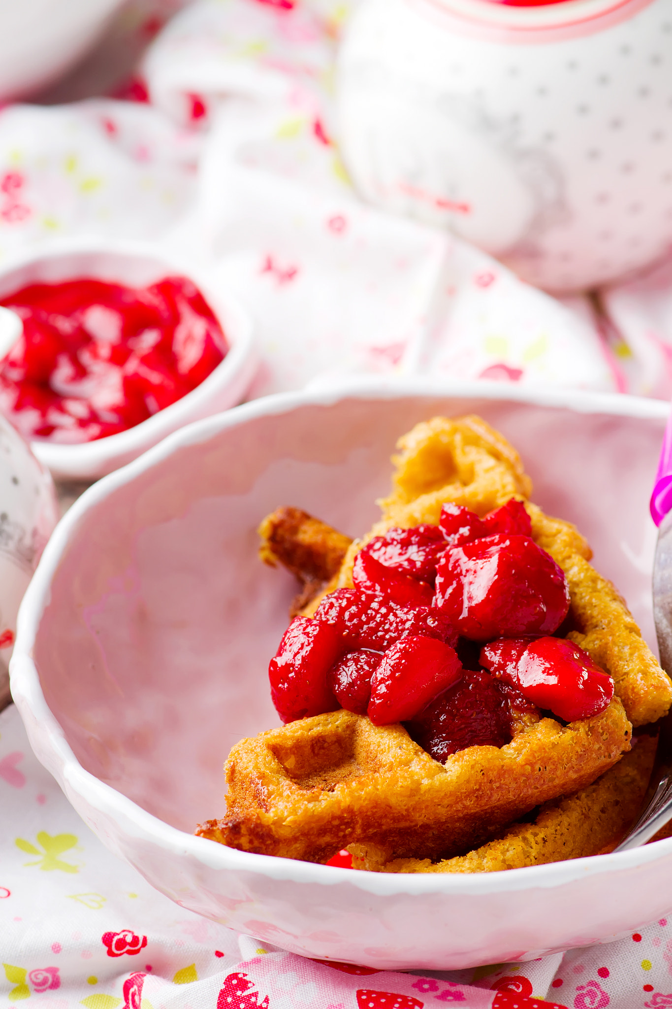 Nikon D3100 + Nikon AF-S Micro-Nikkor 105mm F2.8G IF-ED VR sample photo. Peanut butter strawberry compote waffles photography
