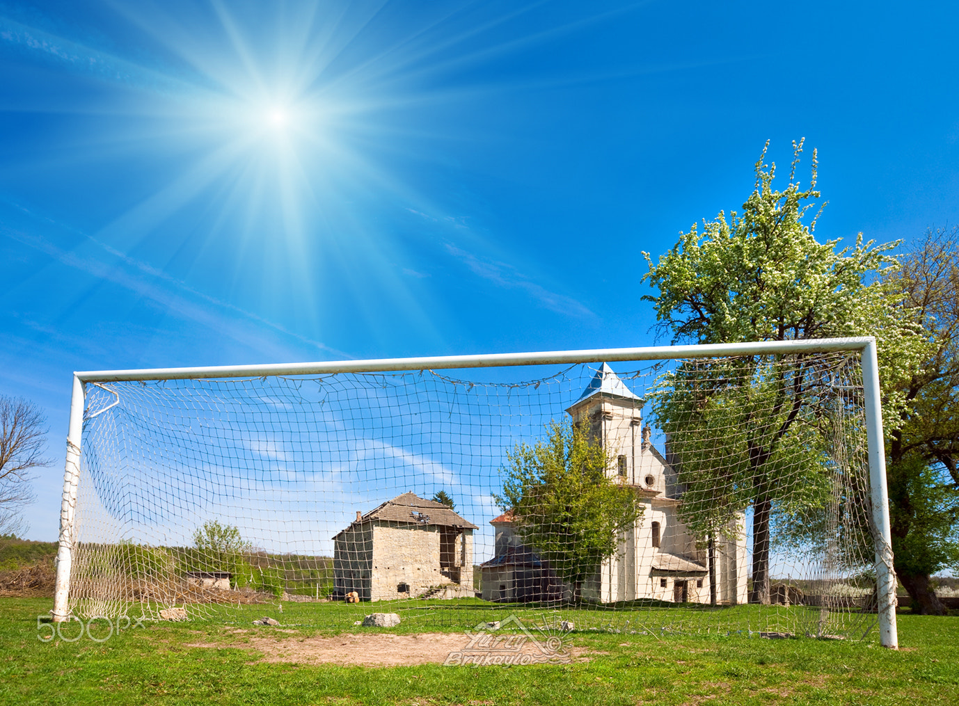 Canon EOS 5D sample photo. Old church and football goal (sydoriv village, ternopil region, photography