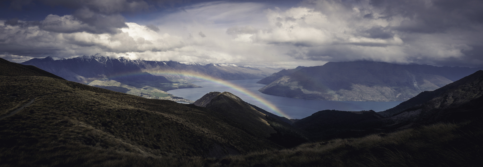 Panasonic Lumix DMC-G2 + Panasonic Lumix G Vario 14-42mm F3.5-5.6 ASPH OIS sample photo. Rainbow over lake wakatipu photography