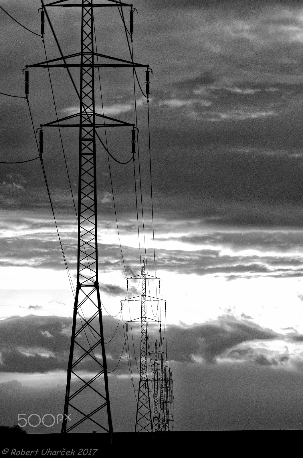 Sigma 150-500mm F5-6.3 DG OS HSM sample photo. High voltage pylons and sunset  b&w photography