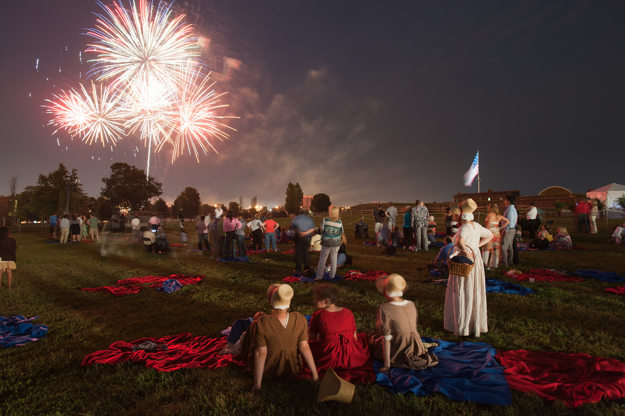 Nikon D700 + Nikon AF-S Nikkor 17-35mm F2.8D ED-IF sample photo. Reencators of war of 1812 watching fireworks display photography