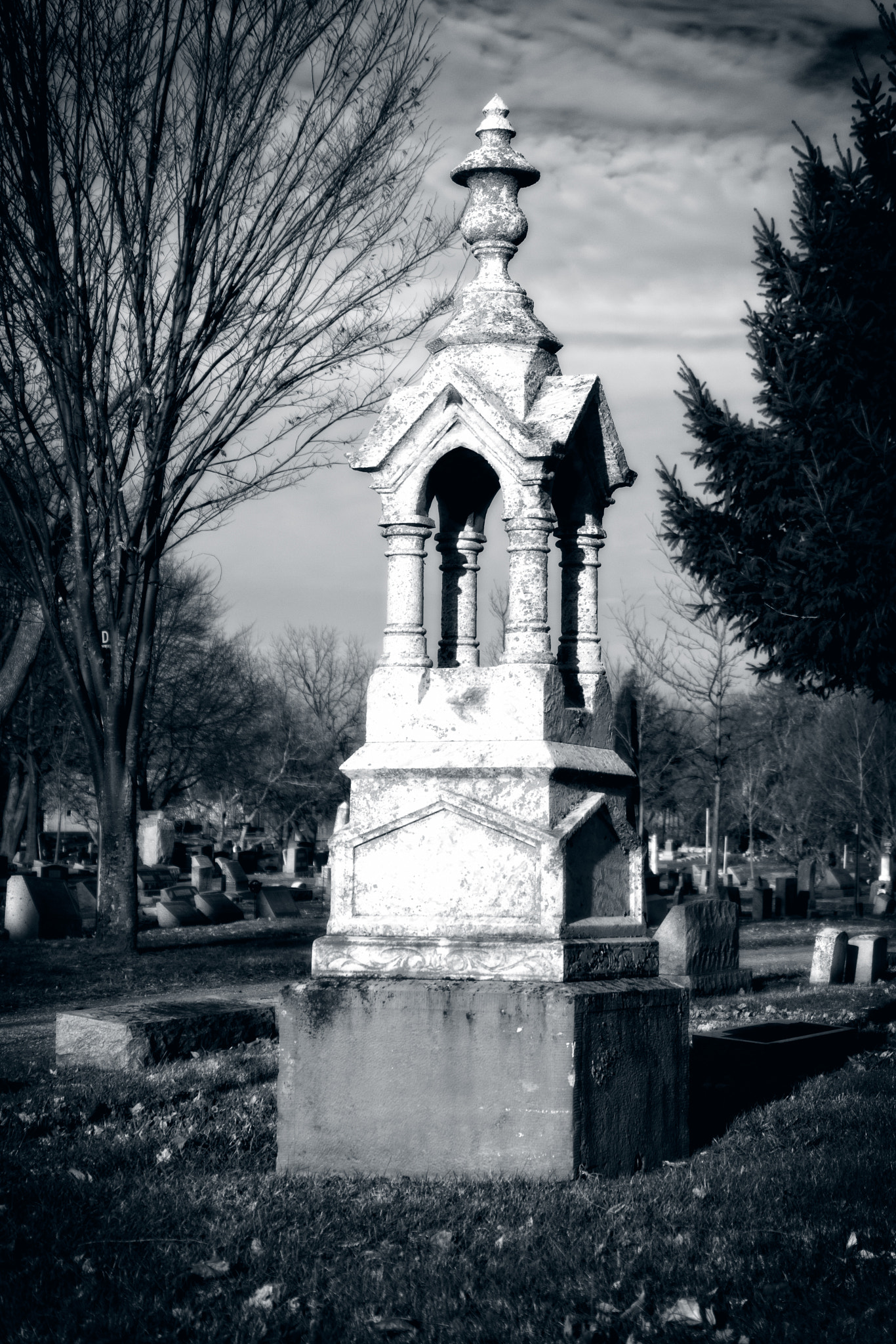 Nikon D7200 sample photo. Old stone monument in cemetery black and white with copy space photography
