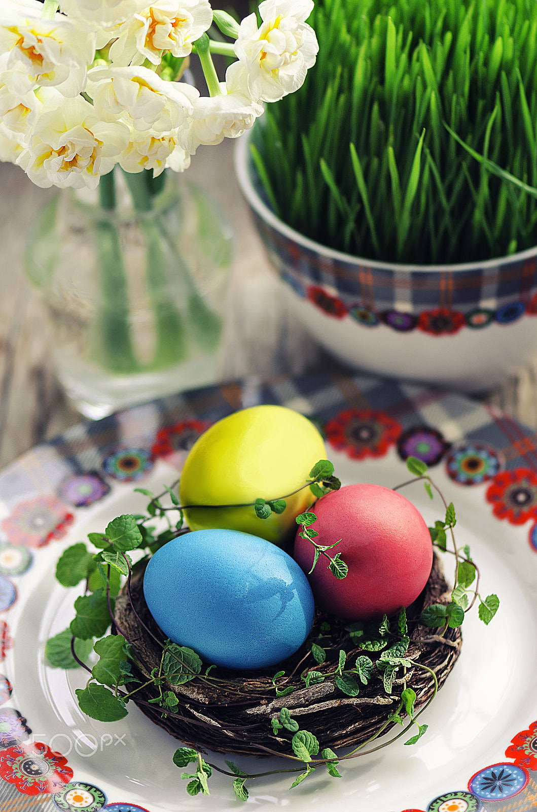 Nikon AF-S Micro-Nikkor 105mm F2.8G IF-ED VR sample photo. Three easter eggs in the nest with mint, daffodils photography