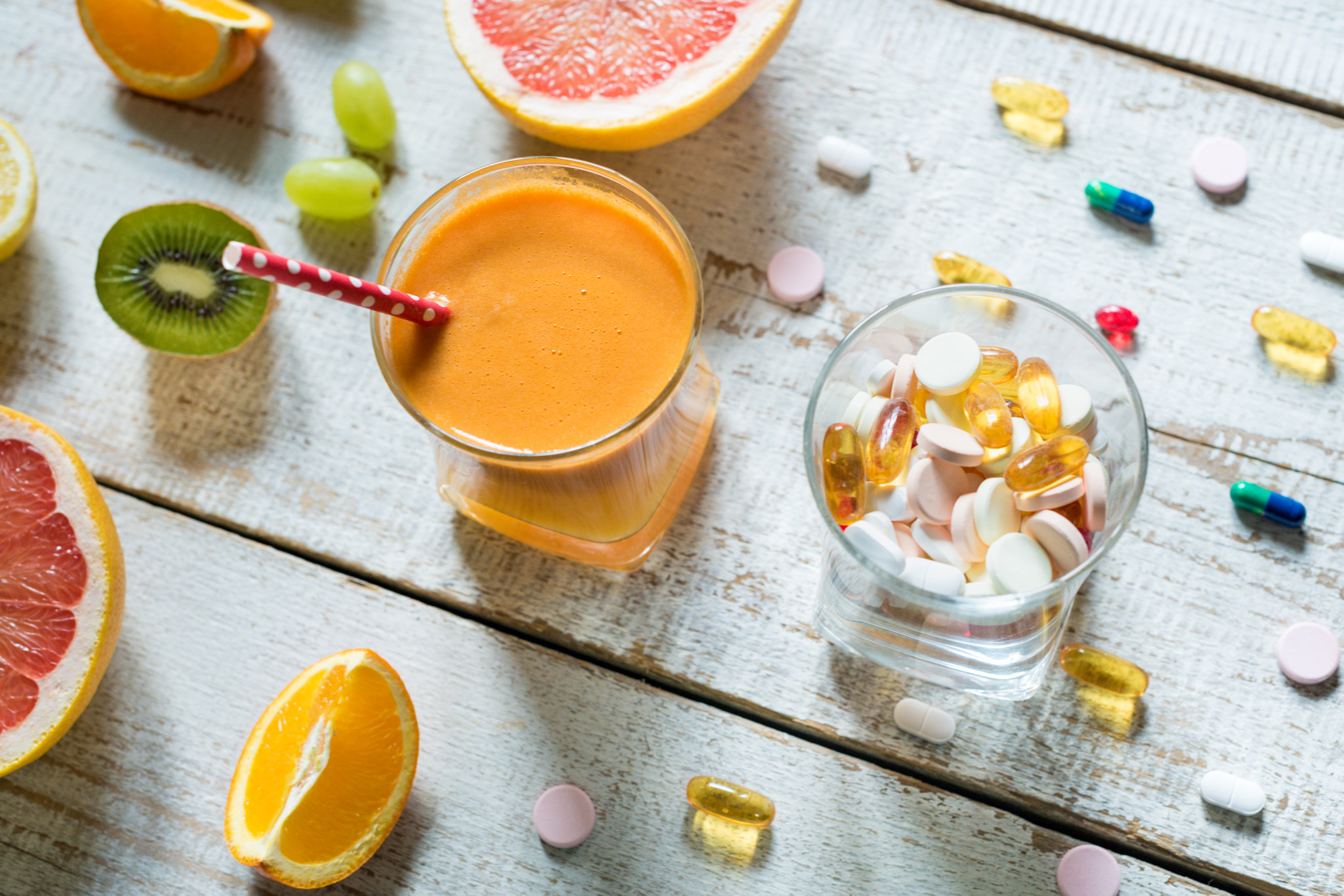 Nikon D810 sample photo. Healthy lifestyle and diet concept. fruit, pills and vitamin supplements, flatlay photography