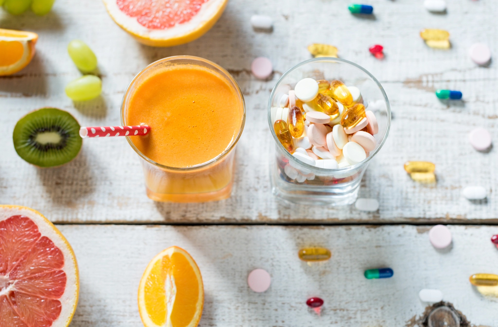 Nikon D810 sample photo. Healthy lifestyle and diet concept. fruit, pills and vitamin supplements, flatlay photography