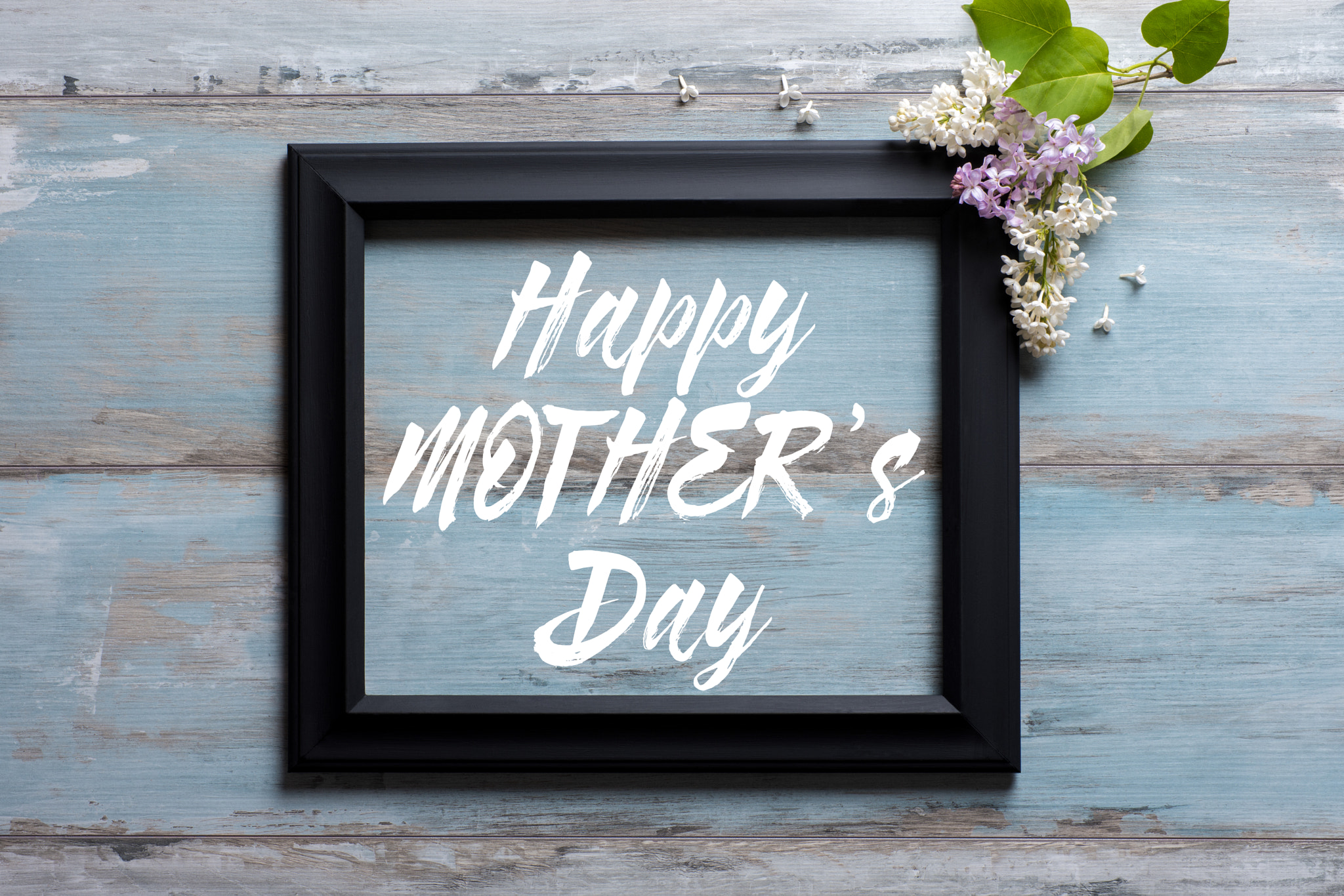 Nikon D810 + Sigma 70mm F2.8 EX DG Macro sample photo. Picture frame with lilac flowers and happy mother's day message on blue wooden background photography