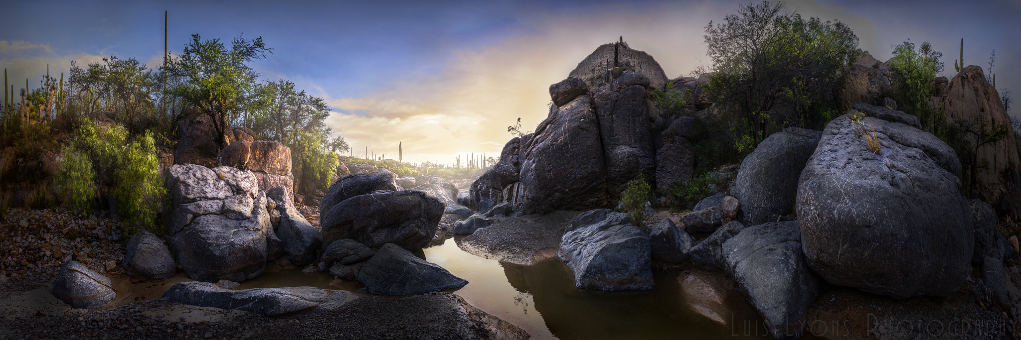 Nikon AF-S Nikkor 17-35mm F2.8D ED-IF sample photo. Golden hour desert creek photography