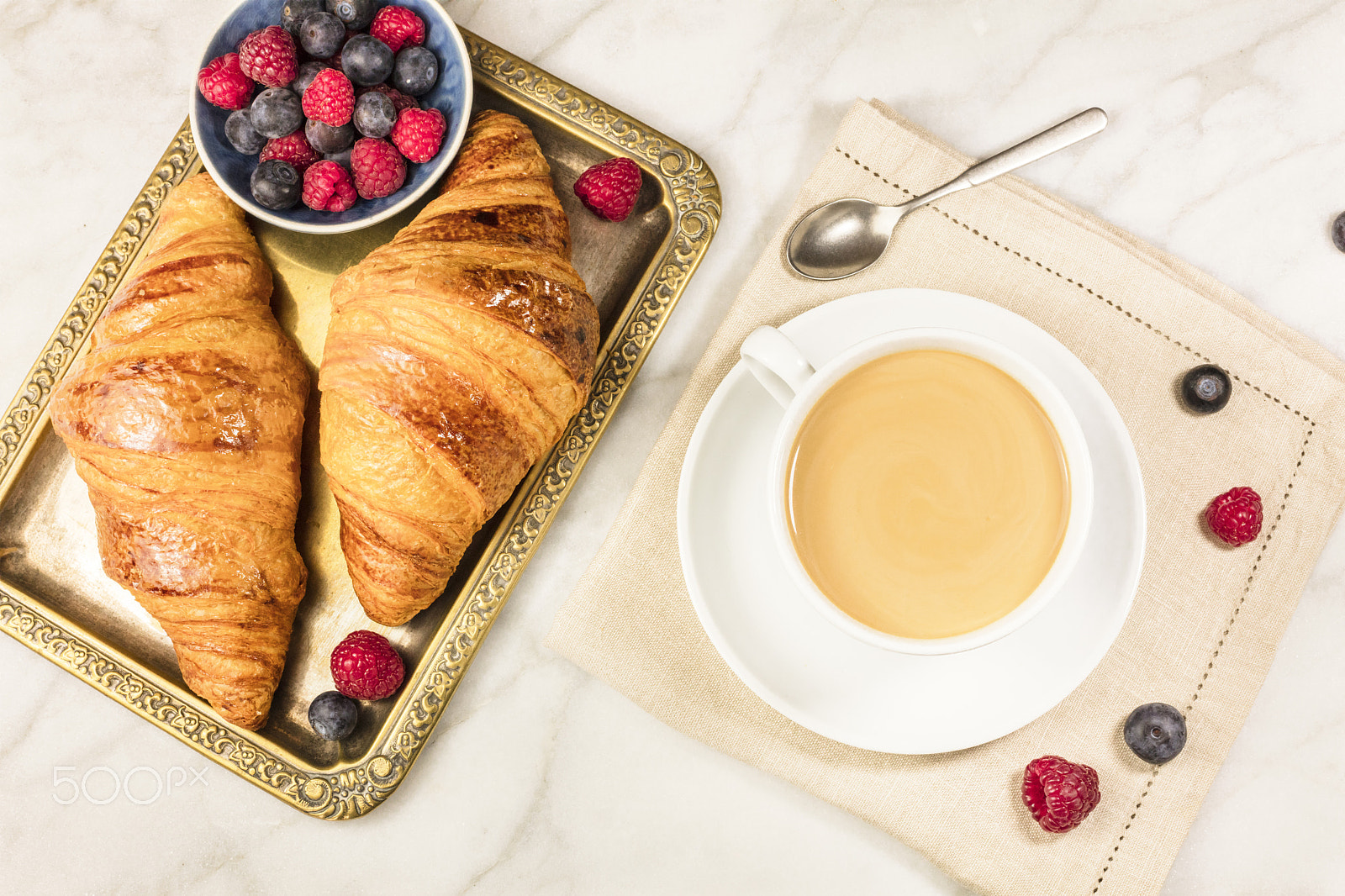 Canon EOS 5DS R sample photo. Cup of coffee with fresh raspberries, blueberries, and croissant photography