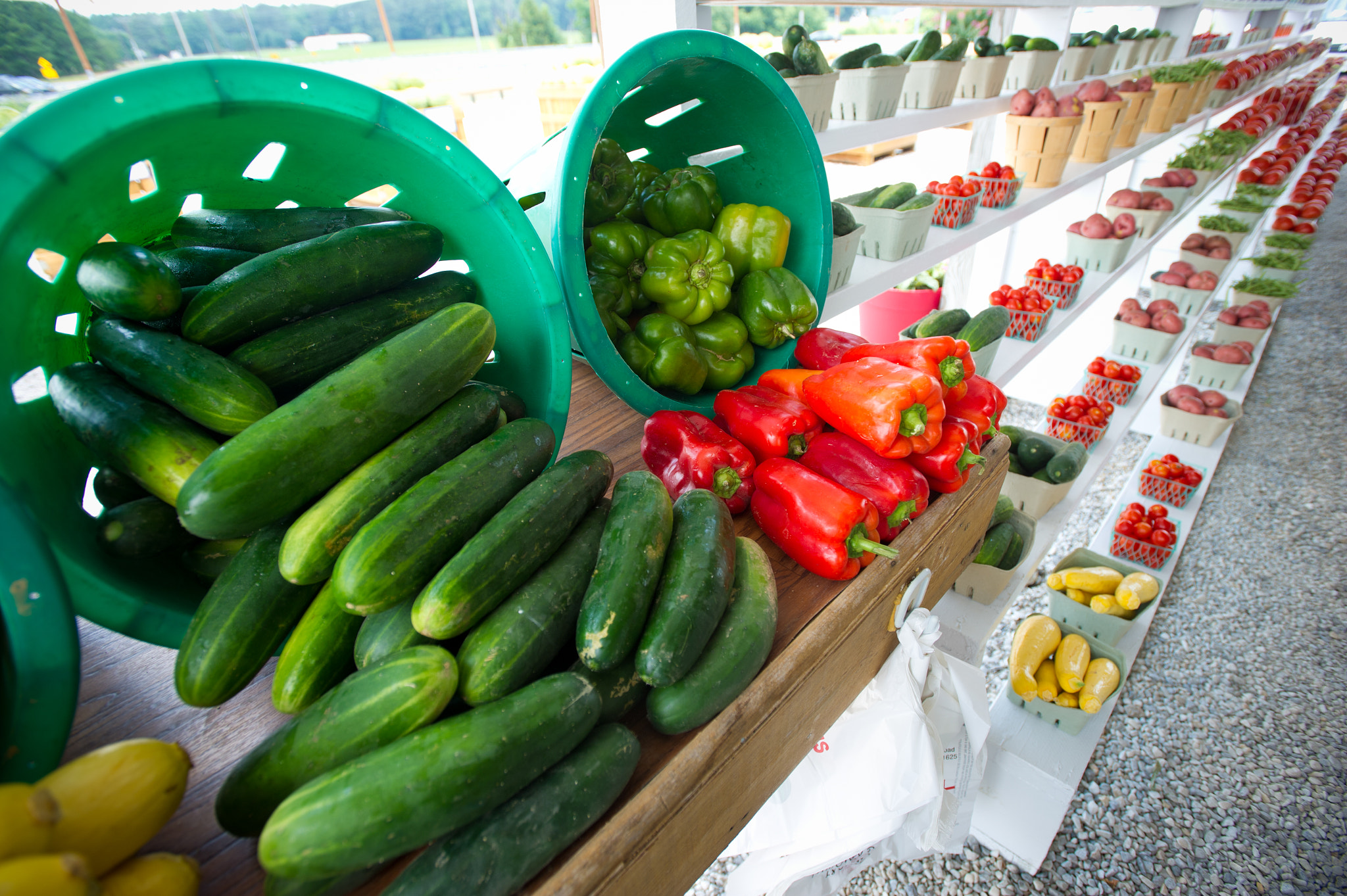Nikon AF-S Nikkor 17-35mm F2.8D ED-IF sample photo. Vegetables lined up on shelves at farmers market stand photography