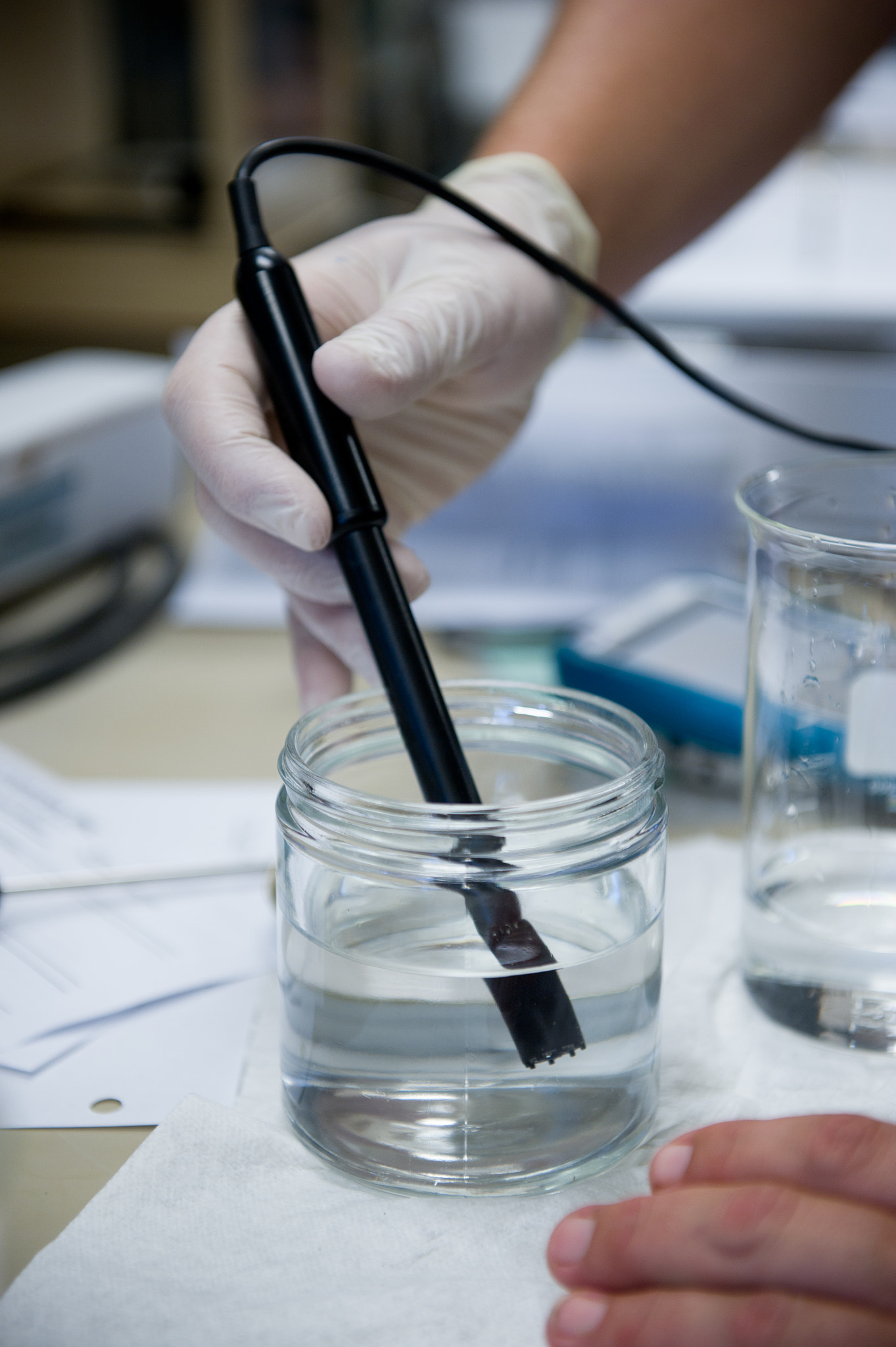 Nikon D3S sample photo. Hand wearing latex glove testing water with instrument in lab at umcp greenhouse photography