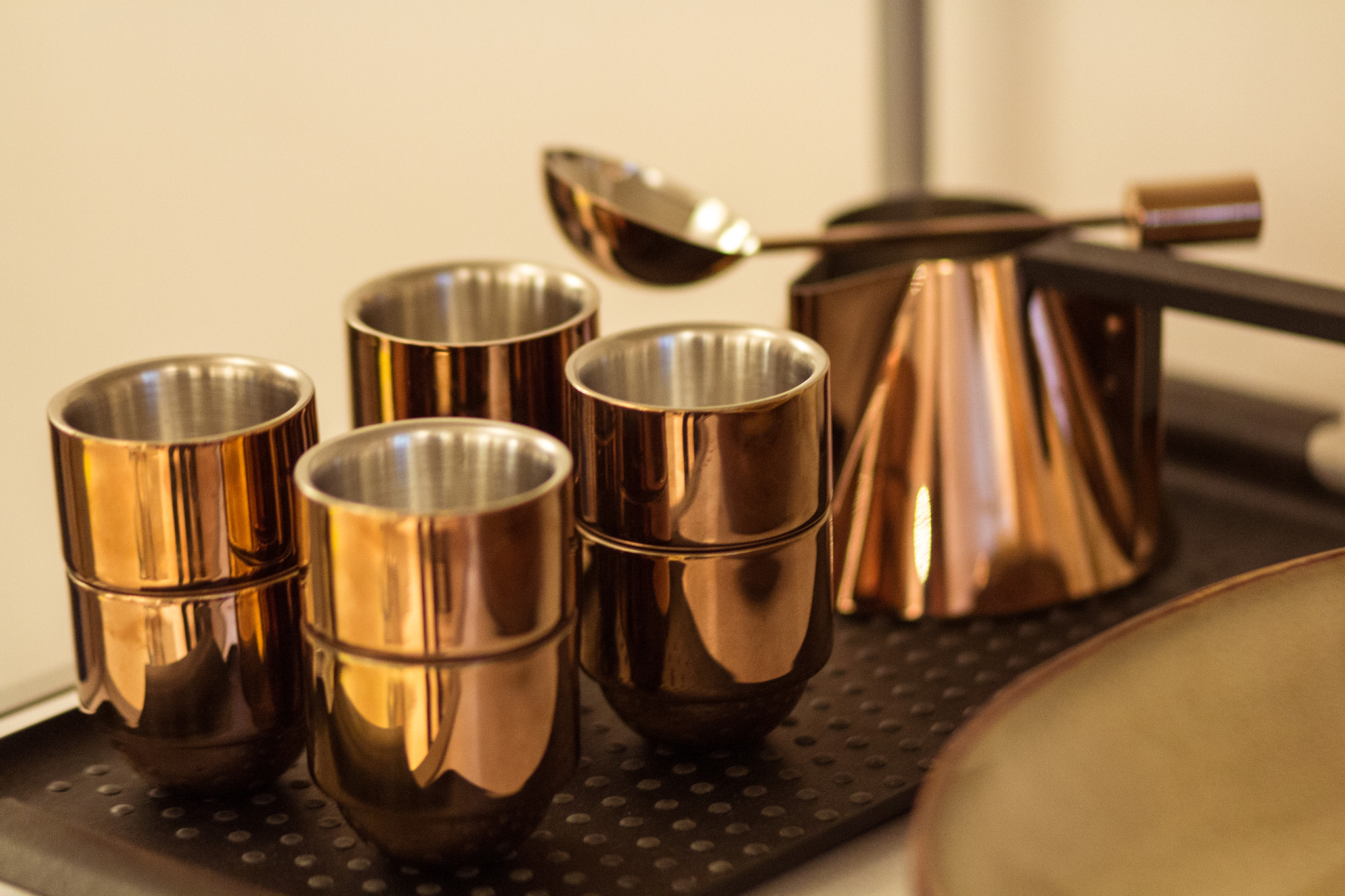 Canon EF 85mm F1.8 USM sample photo. Metal tea cup set photography