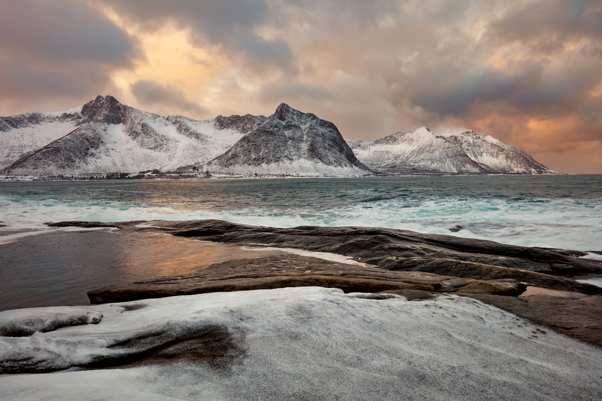 Canon EOS 5DS R + Canon EF 16-35mm F4L IS USM sample photo. Unique winter sea landscape with dramatic sky and mountains photography