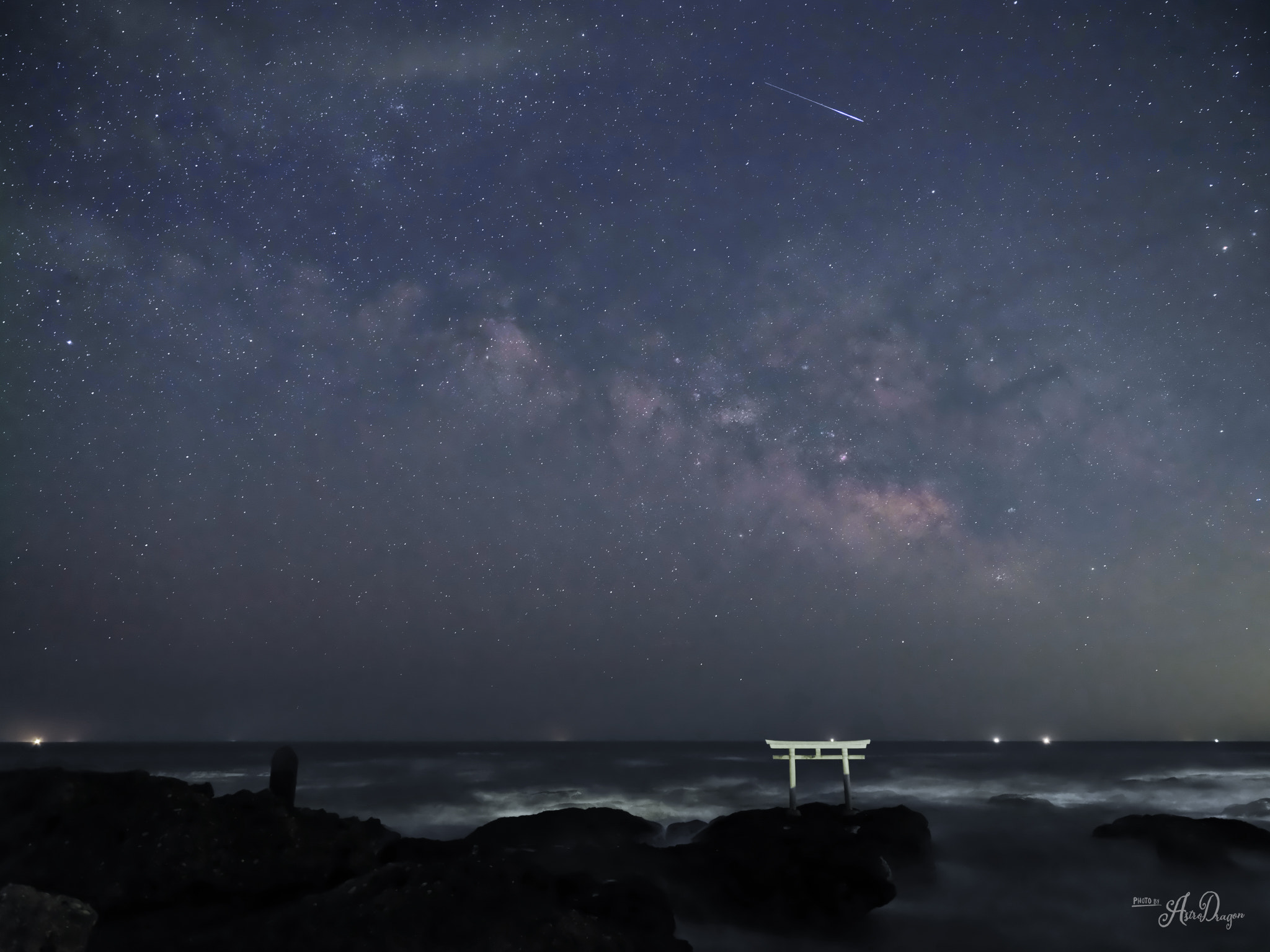 Fujifilm GF 32-64mm F4 R LM WR sample photo. Ocean, milky way, shooting star and shrine photography