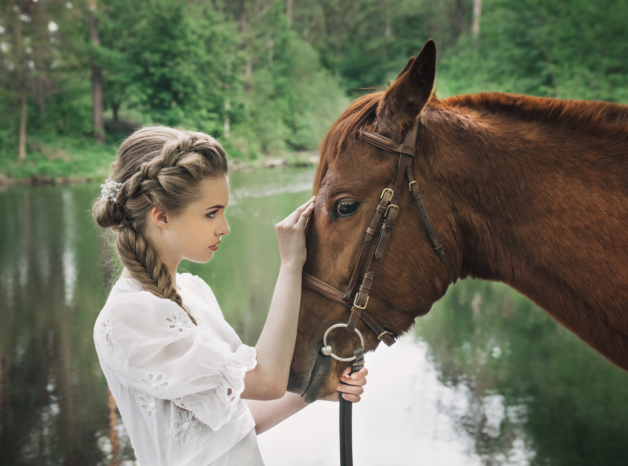 Nikon D7100 sample photo. Woman in vintage dress touching to horse face photography
