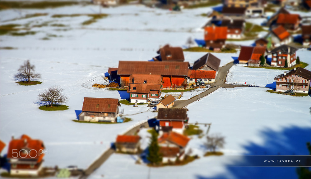 Sony a99 II sample photo. Miniature tilt-shift aerial view of the village in alps photography