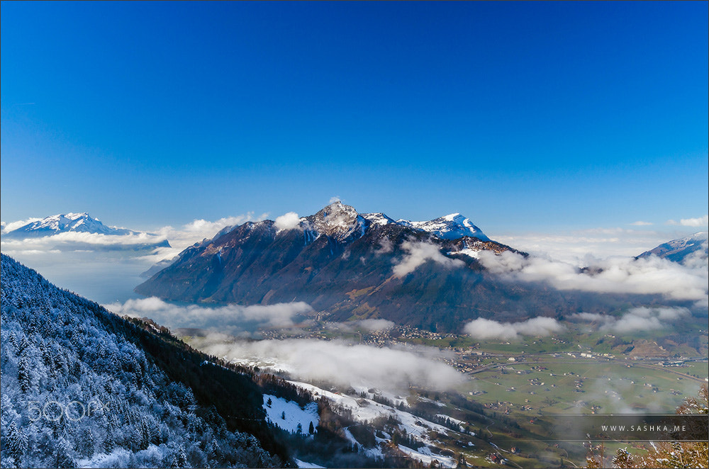 Sony a99 II sample photo. Panoramic aerial view to luzern lake from high peak photography