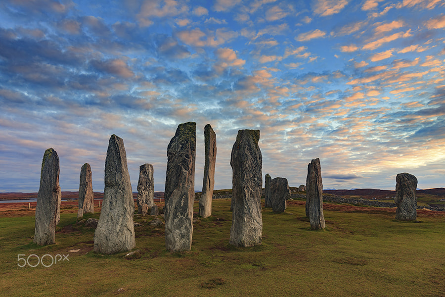 Canon EF 16-35mm F4L IS USM sample photo. Sunset at callanish stone circle photography