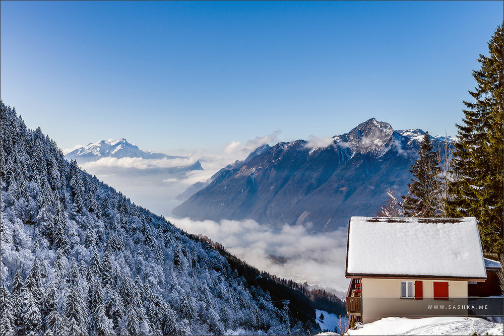 Sony a99 II sample photo. Natural landscape with lonely house in the snow. alps. photography