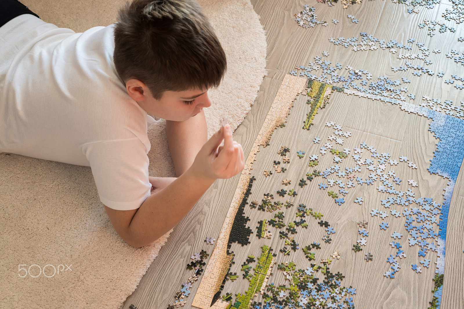 Nikon D600 + Nikon AF-S Nikkor 50mm F1.8G sample photo. Teen boy collects a puzzle lying on carpet photography