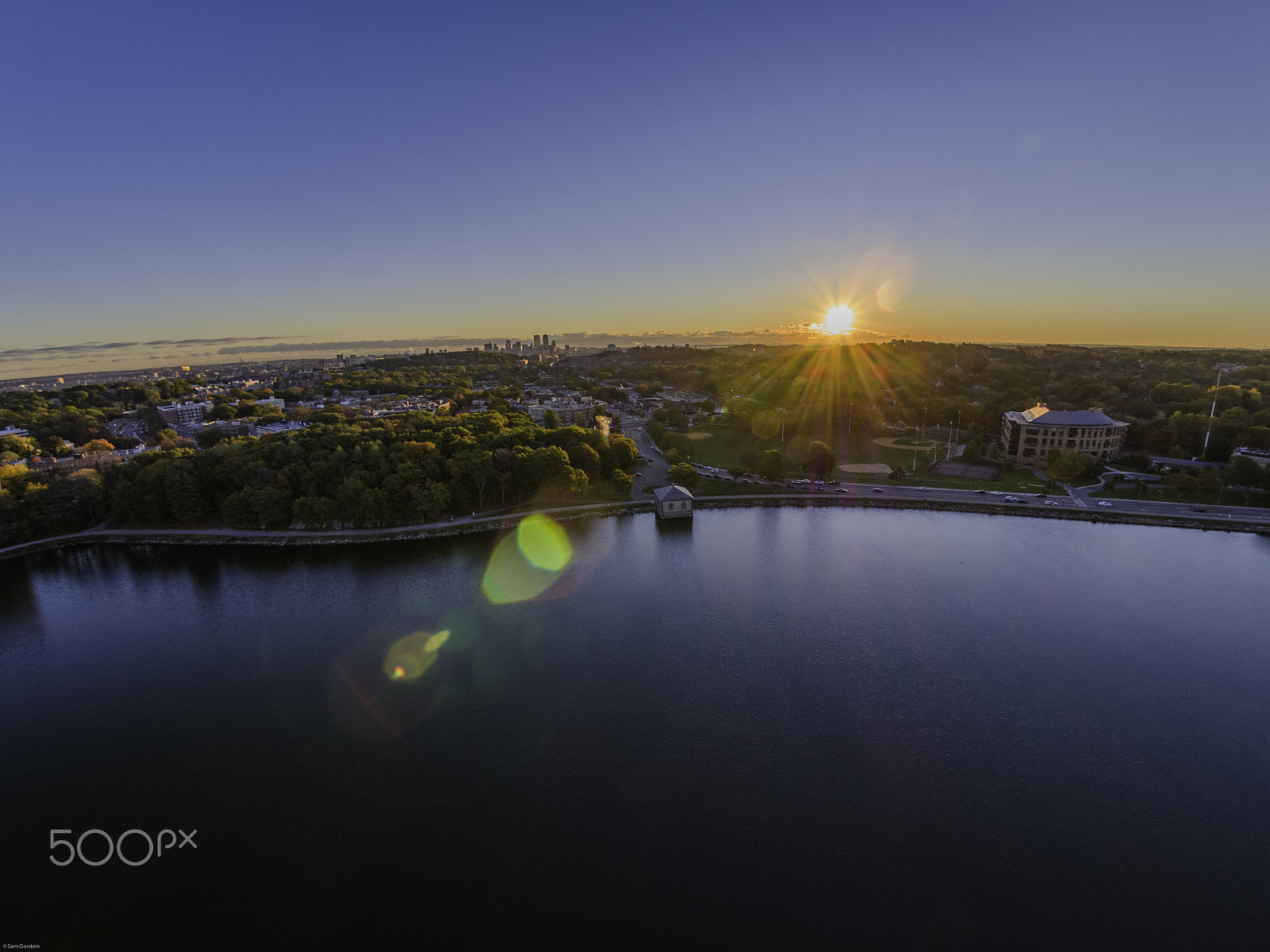 DJI FC550RAW sample photo. Sunrise over boston skyline/chestnut hill photography
