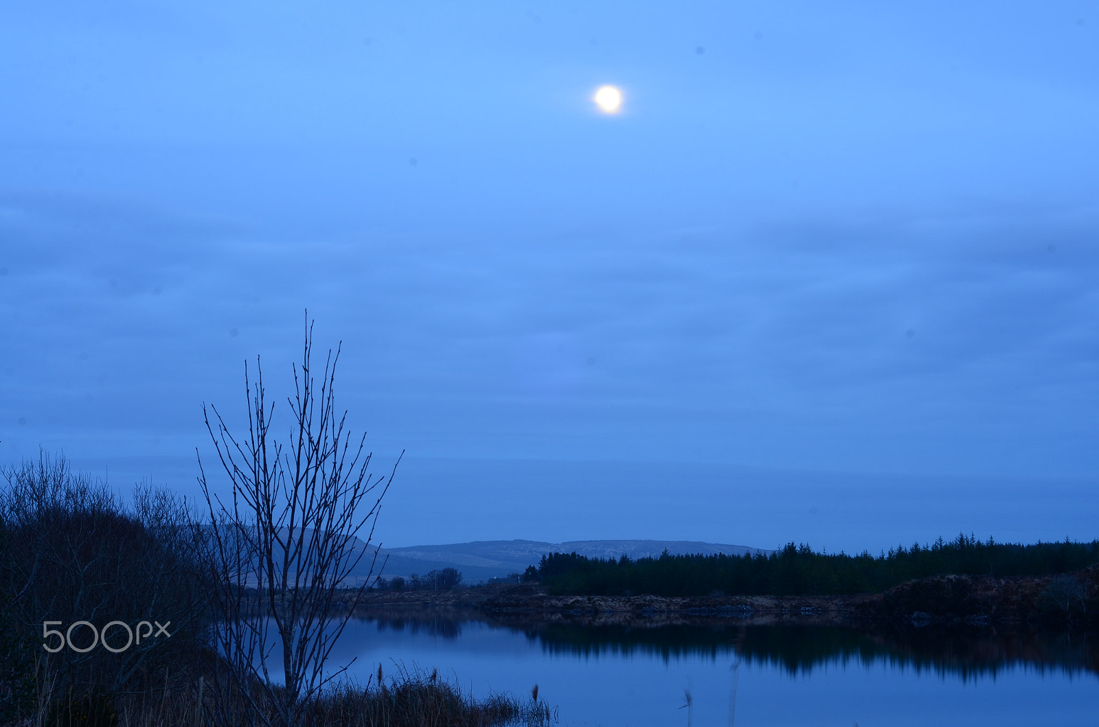 Nikon D7000 + AF Nikkor 50mm f/1.8 sample photo. Blue hour conamara with moon poking out photography