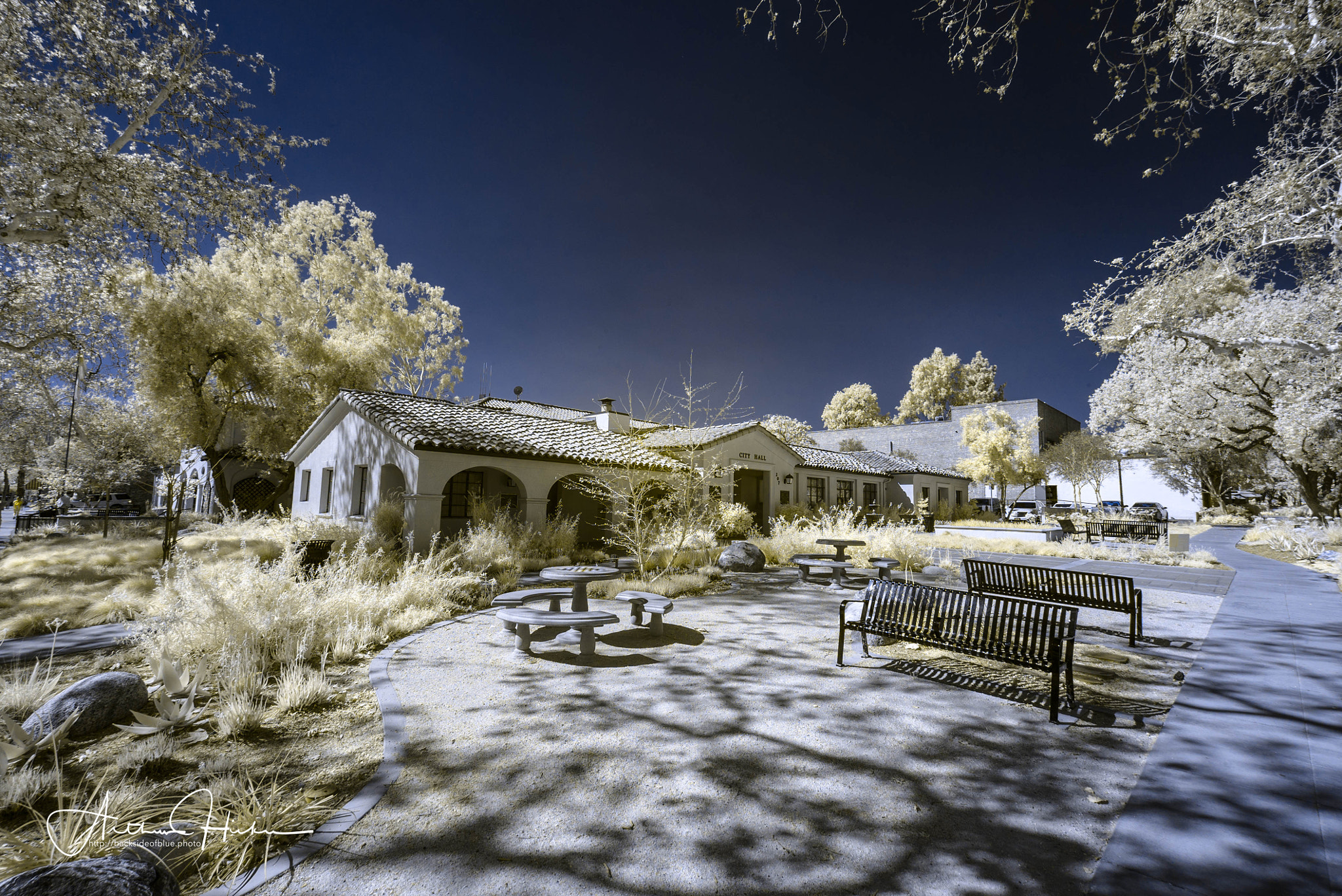 Sony a7S sample photo. Claremont city halll wide ir color photography