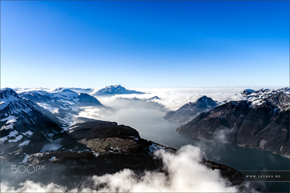 Sony a99 II sample photo. Panoramic aerial view to luzern lake from high peak photography