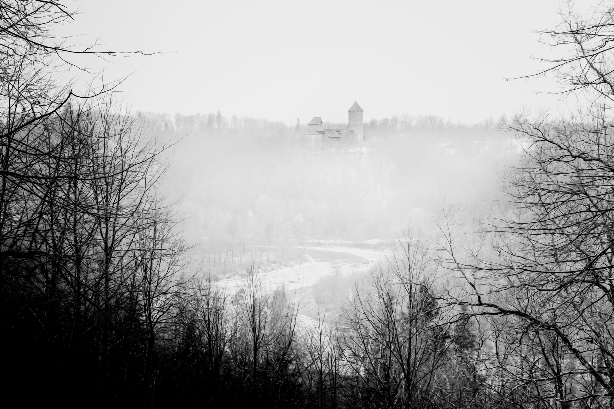 Nikon D5200 + Sigma 50mm F1.4 DG HSM Art sample photo. Turaida castle covered in mist photography