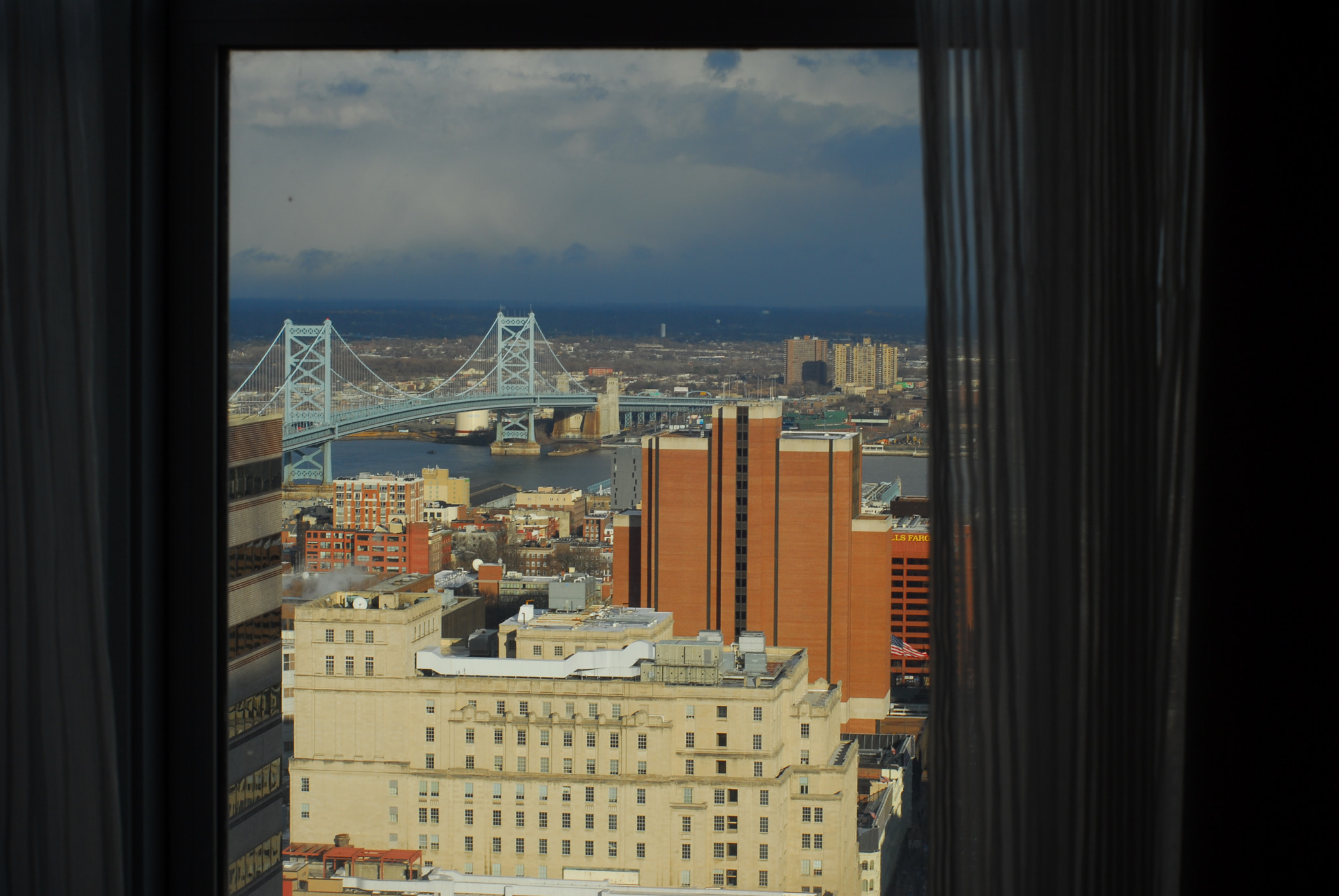 Nikon D200 + Manual Lens No CPU sample photo. Ben franklin bridge through the curtains photography