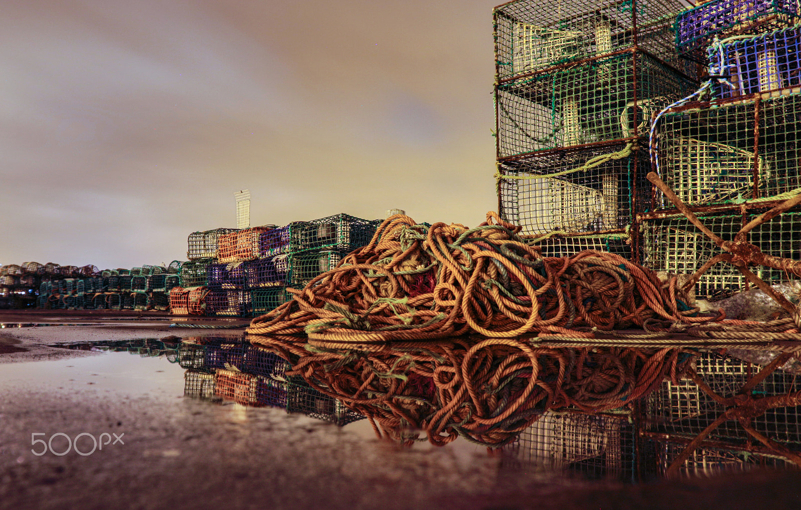 Canon EF 16-35mm F2.8L II USM sample photo. Lobster pots at night with reflections photography